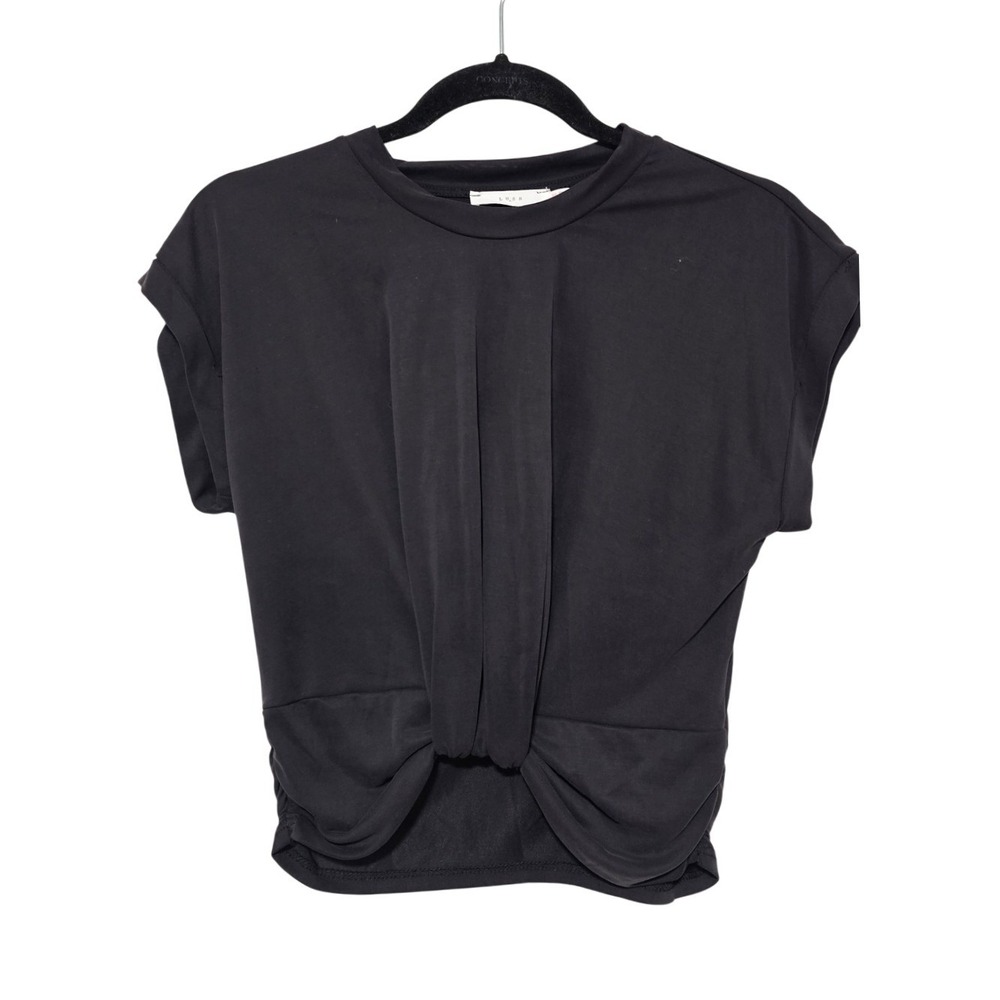 Lush XS Black‎ Front Twist Draped Cap Sleeve Top Minimalist Chic Modal Edgy ~